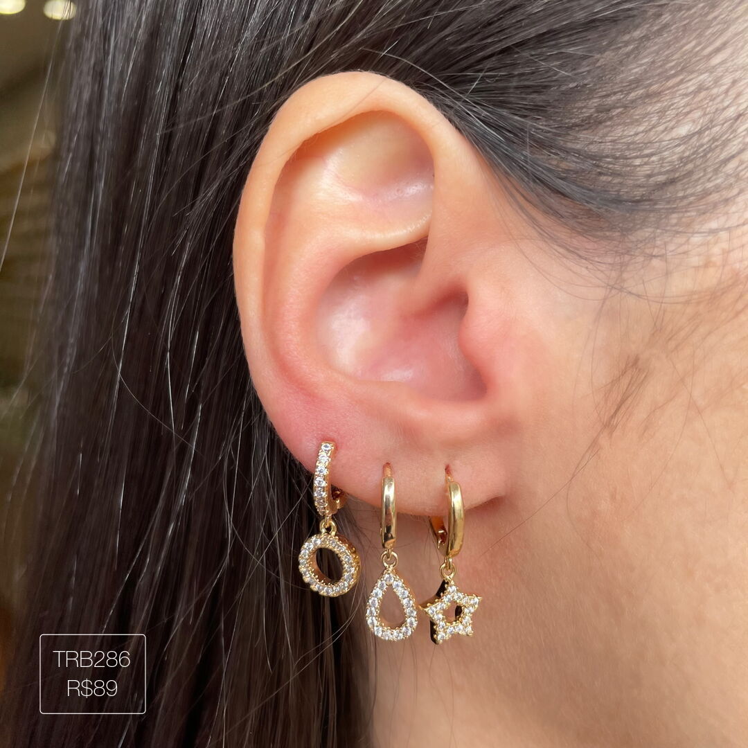 Trio Argola Gota + Coração + Red Vazado Cravejado Cristal Dourado